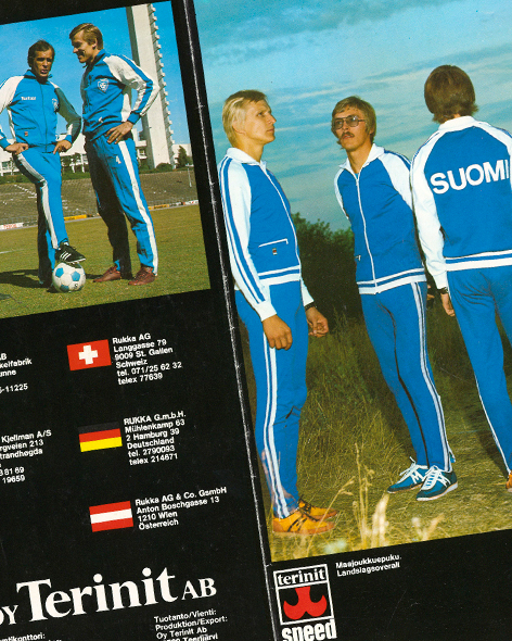Image from 70's Terinit brochure: men in Finland's national team tracksuit.