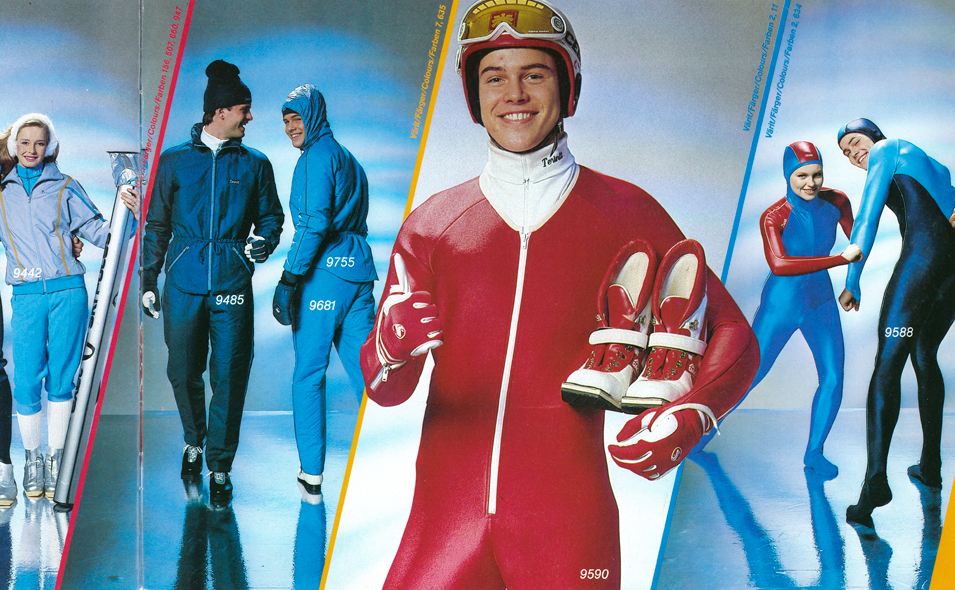 Image from 1983 Terinit brochure: people in skiing, ski jumping and ice skating outfits.